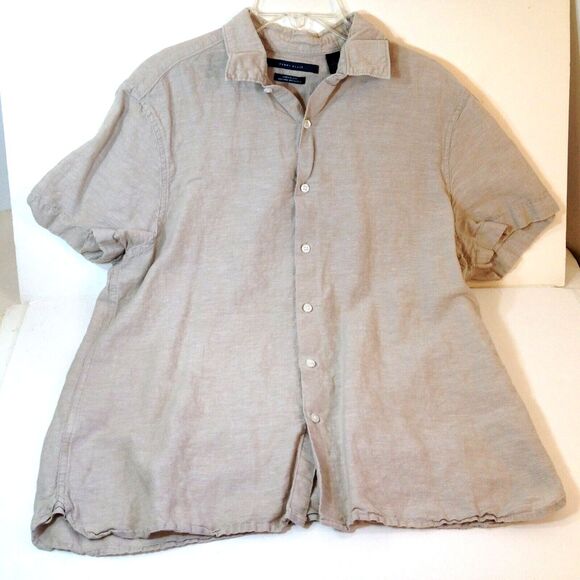 Perry Ellis Linen Blend Short Sleeve Button Up Shirt Tan Mens Size Large L - Picture 1 of 8